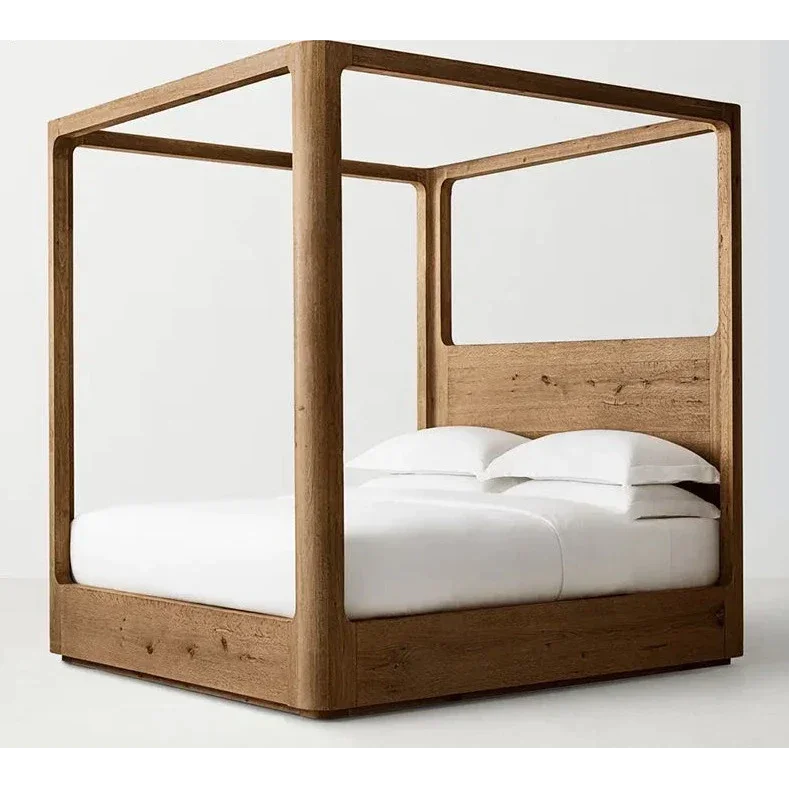 Modern Solid Oak Wood Canopy Bed – Minimalist Luxury Design with Walnut Finish