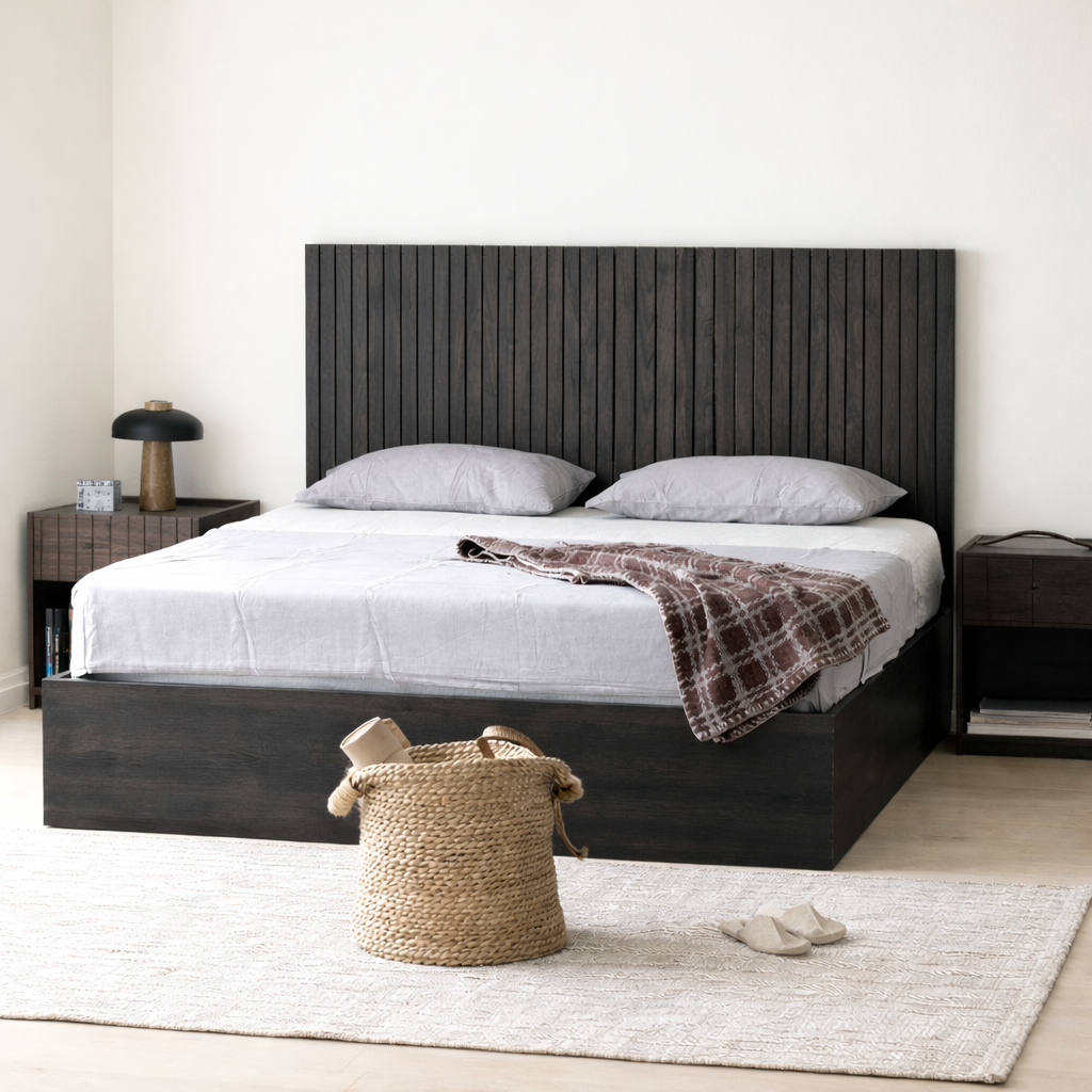 The Kaldr Storage Bed | Black Oak Slatted Headboard