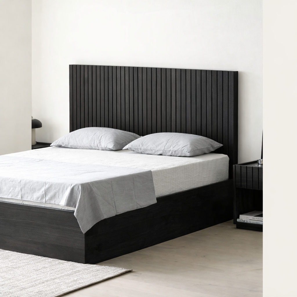The Kaldr Storage Bed | Black Oak Slatted Headboard