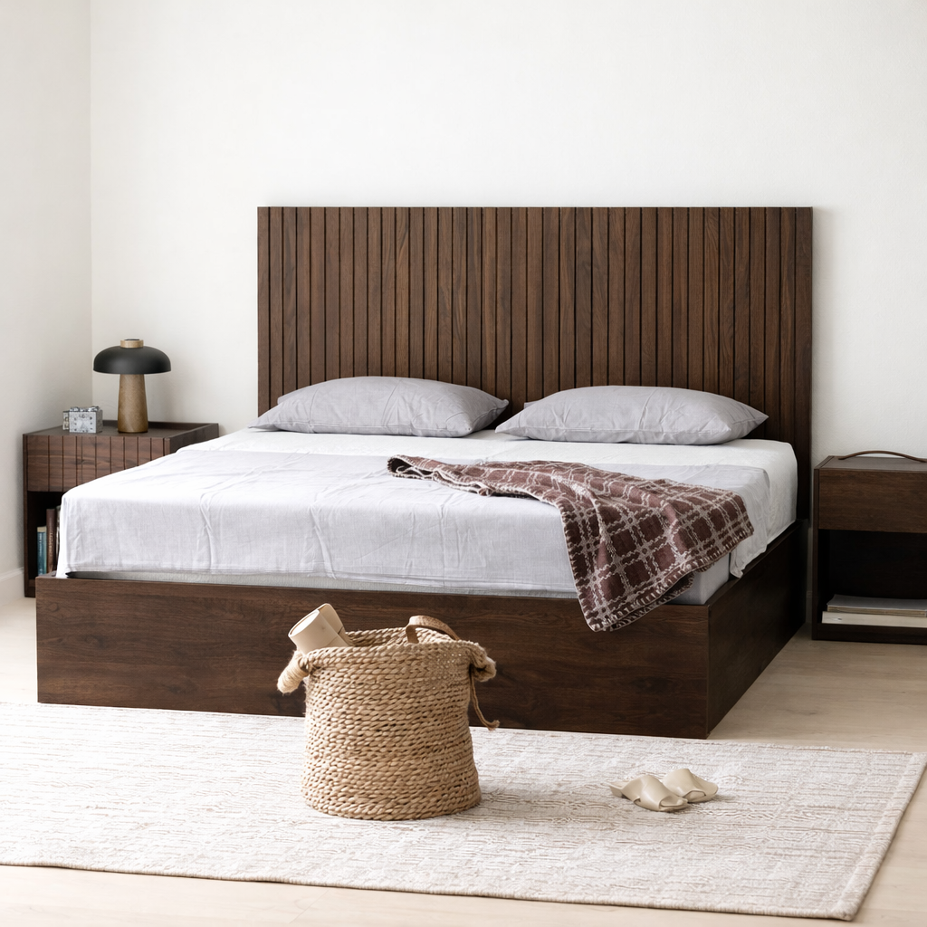 The Kaldr Storage Bed | Walnut Oak Finish Slatted Headboard