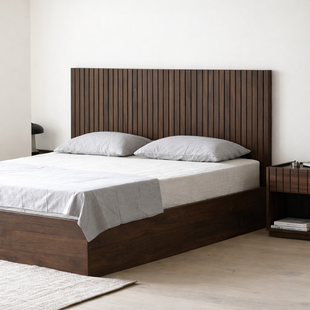 The Kaldr Storage Bed | Walnut Oak Finish Slatted Headboard