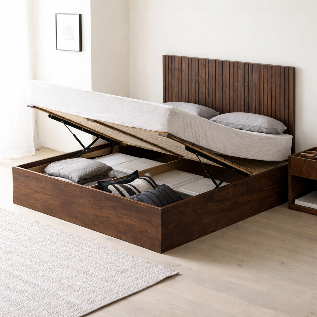 The Kaldr Storage Bed | Walnut Oak Finish Slatted Headboard
