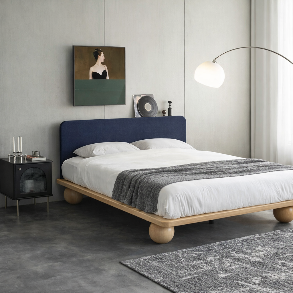 The Kurogane Platform Bed | Solid Light Oak Upholstered Headboard