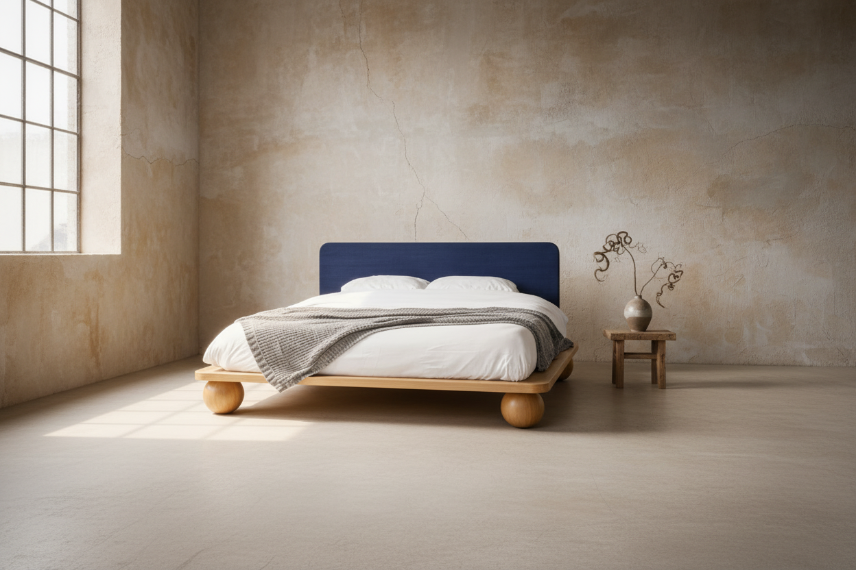 The Kurogane Platform Bed | Solid Light Oak Upholstered Headboard