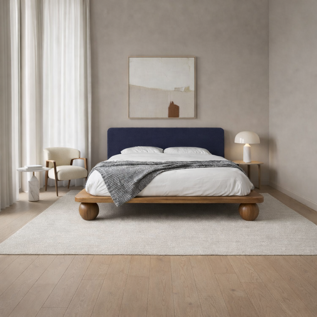 The Kurogane Platform Bed | Solid Natural Oak Upholstered Headboard