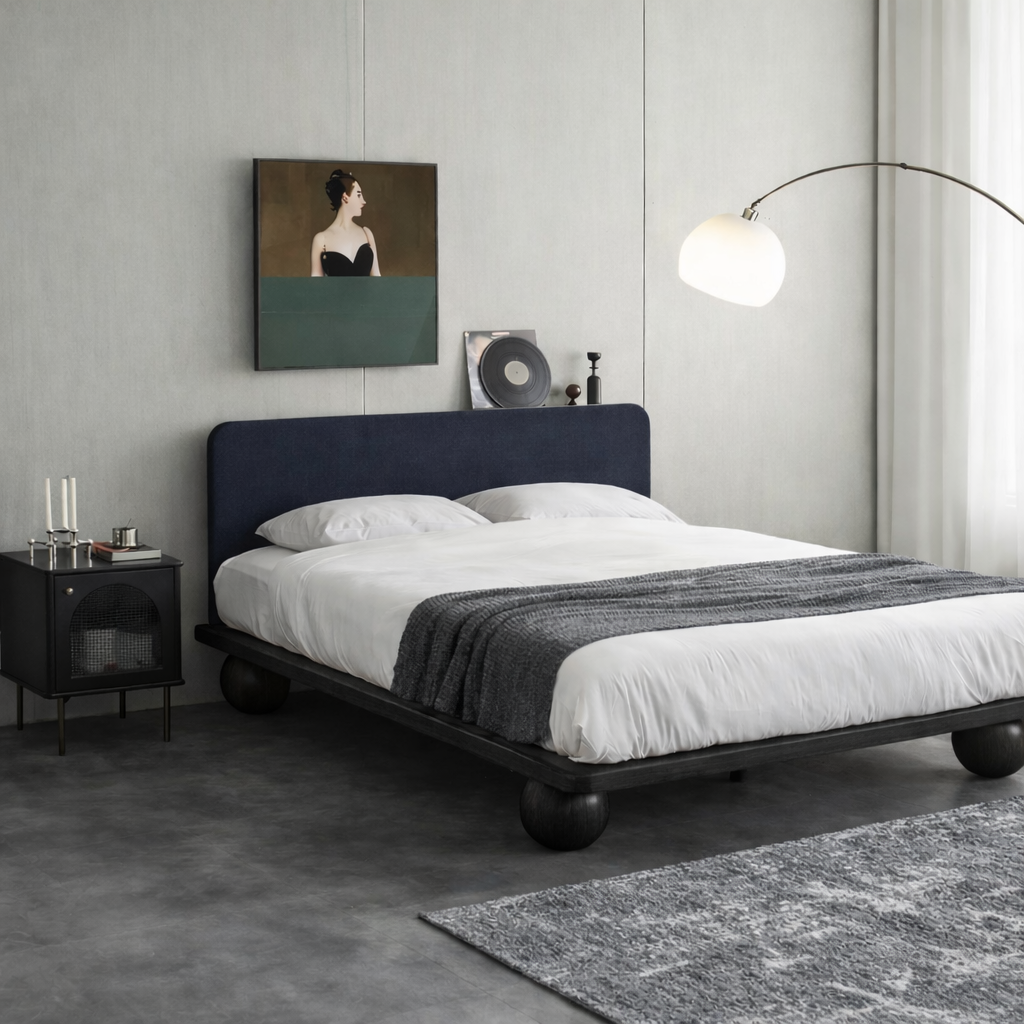 The Kurogane Platform Bed | Solid Black Oak Upholstered Headboard