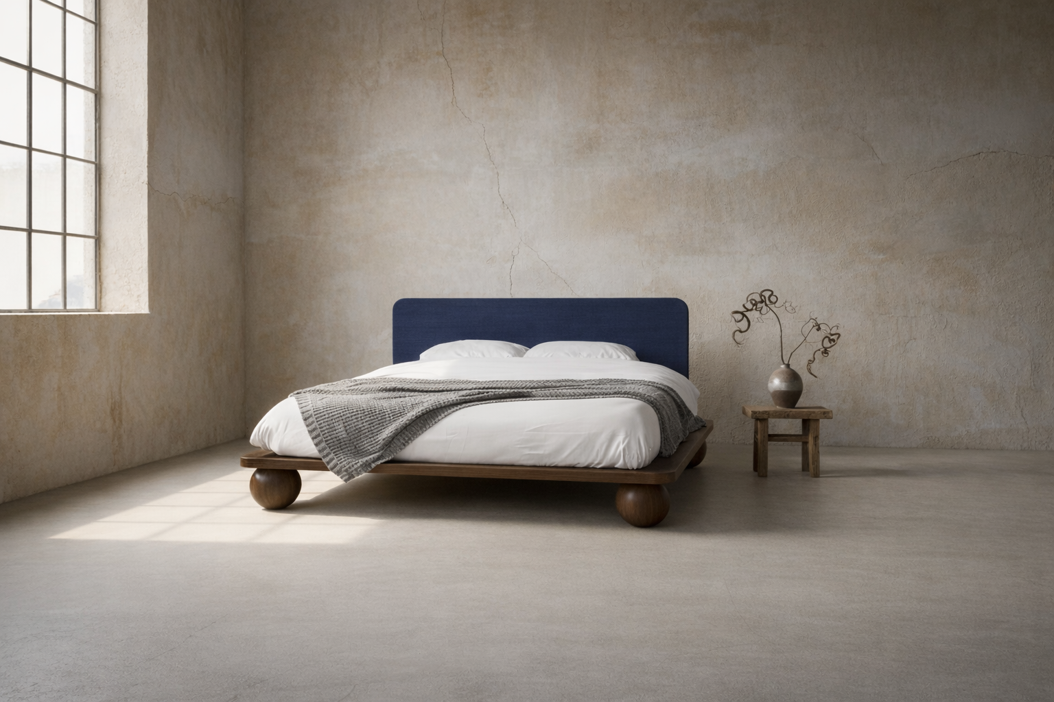 The Kurogane Platform Bed | Solid Oak Walnut Finish Upholstered Headboard