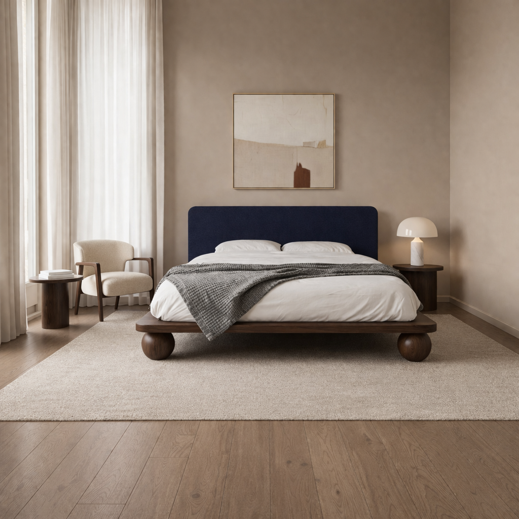 The Kurogane Platform Bed | Solid Oak Walnut Finish Upholstered Headboard