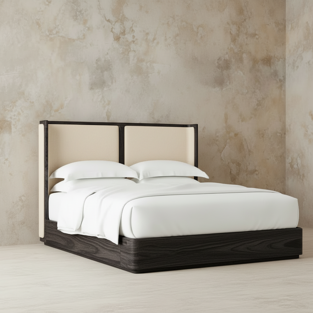 The Nordkapp Wingback Platform Upholstered Bed | Black Oak & Linen - Beds