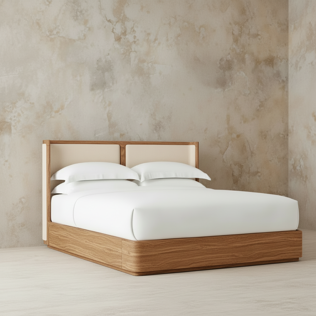 The Nordkapp Wingback Platform Upholstered Bed | Natural Oak & Linen - Beds