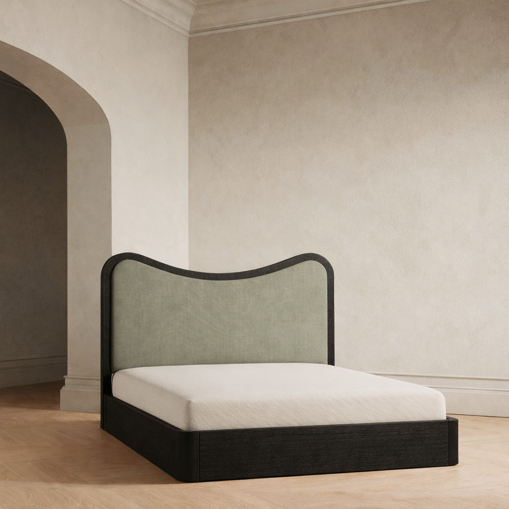 The Ondra Sculpted Bed | Solid Oak × Sage Velvet Upholstered Headboard