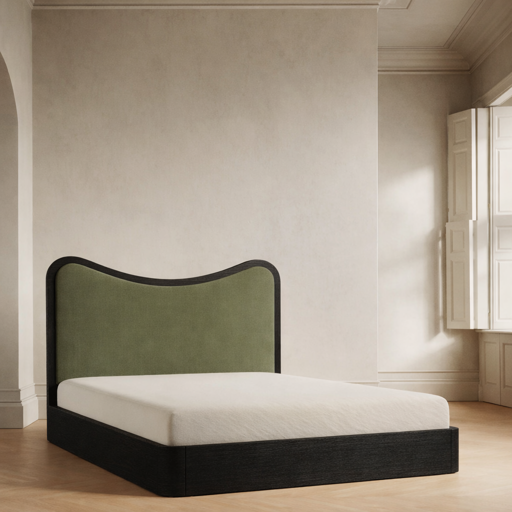 The Ondra Sculpted Bed | Solid Oak & Olive Velvet Upholstered Headboard
