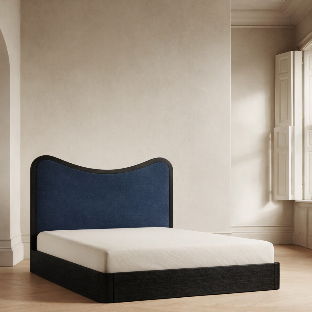 The Ondra Sculpted Bed | Solid Oak & Blue Velvet Upholstered Headboard