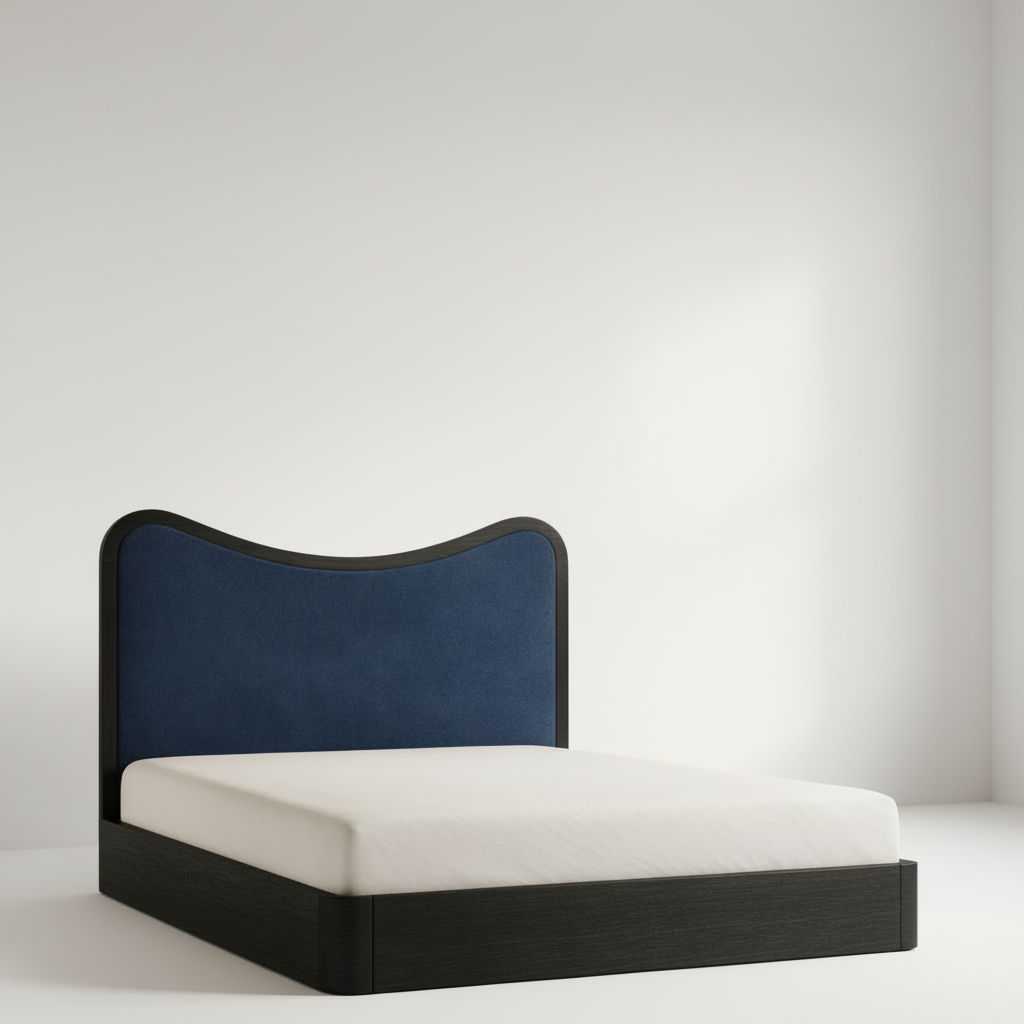 The Ondra Sculpted Bed | Solid Oak × Blue Velvet Upholstered Headboard