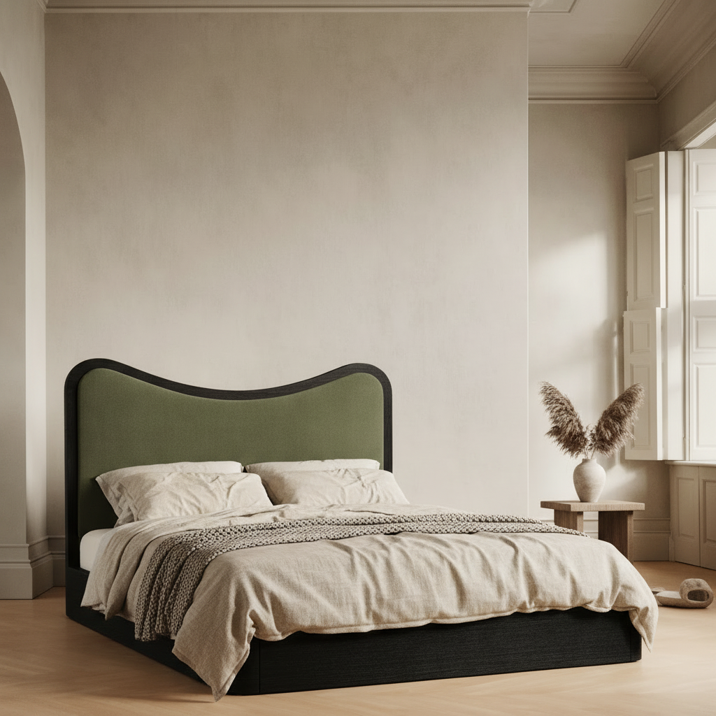 The Ondra Sculpted Bed | Solid Oak & Olive Velvet Upholstered Headboard