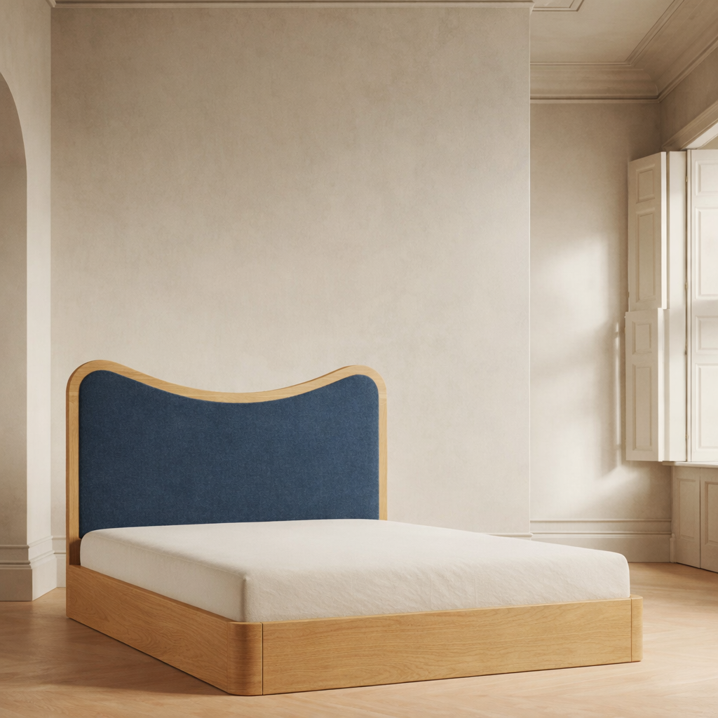 The Ondra Sculpted Bed | Solid Oak & Blue Velvet Upholstered Headboard