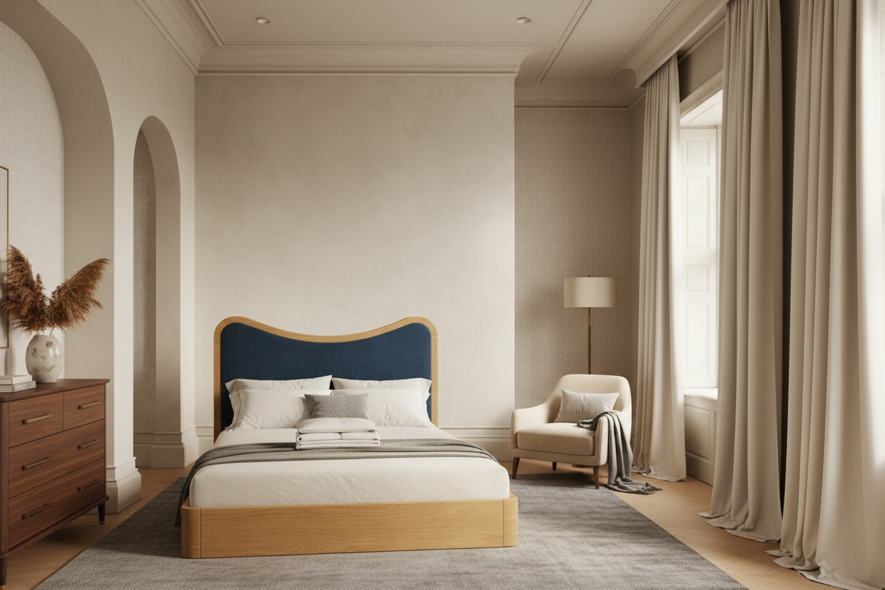 The Ondra Sculpted Bed | Solid Oak × Blue Velvet Upholstered Headboard