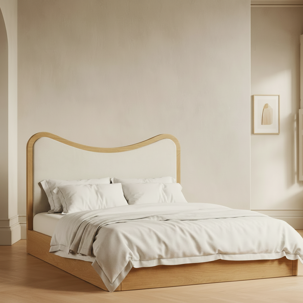 The Ondra Sculpted Bed | Solid Oak & Off-White Velvet Upholstered Headboard