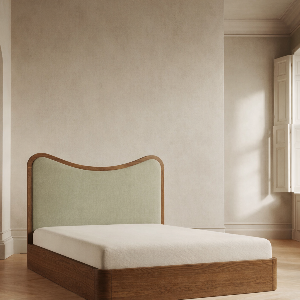 The Ondra Sculpted Bed | Solid Oak × Sage Velvet Upholstered Headboard
