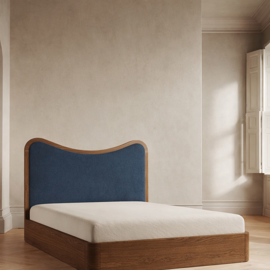 The Ondra Sculpted Bed | Solid Oak & Blue Velvet Upholstered Headboard