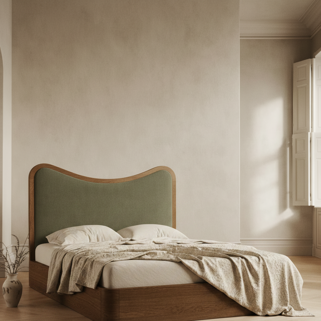 The Ondra Sculpted Bed | Solid Oak & Olive Velvet Upholstered Headboard