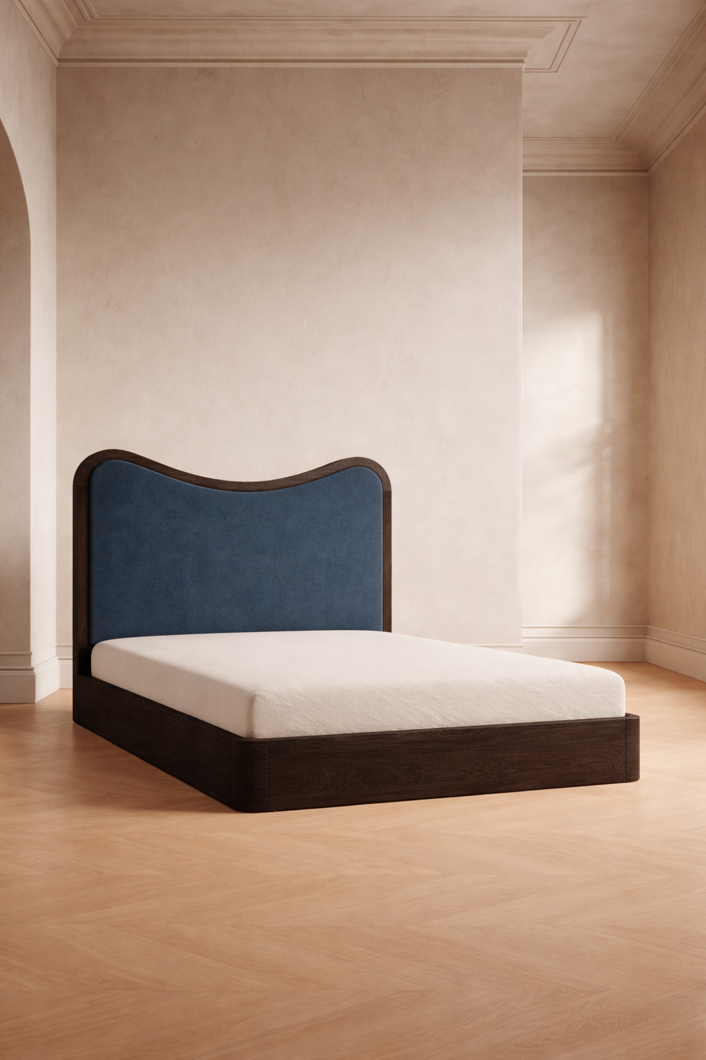 The Ondra Sculpted Bed | Solid Oak & Blue Velvet Upholstered Headboard