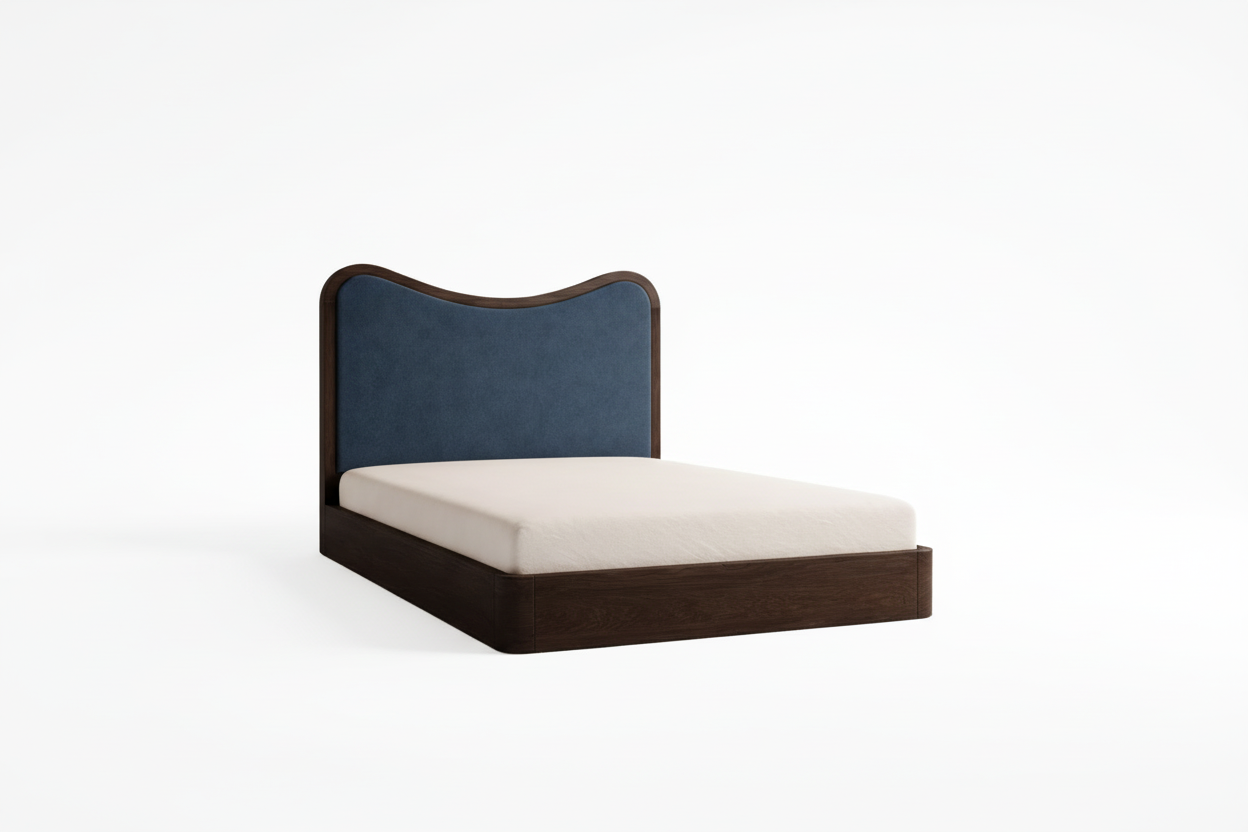 The Ondra Sculpted Bed | Solid Oak × Blue Velvet Upholstered Headboard