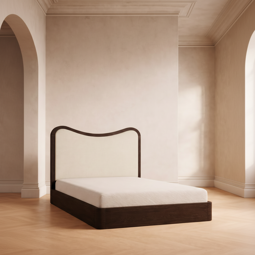 The Ondra Sculpted Bed | Solid Oak & Off-White Velvet Upholstered Headboard