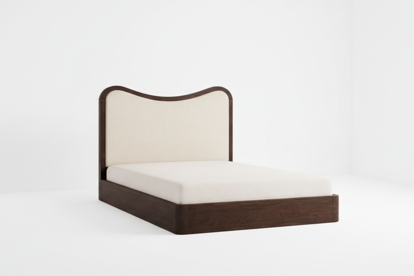 The Ondra Sculpted Bed | Solid Oak × Off-White Velvet Upholstered Headboard