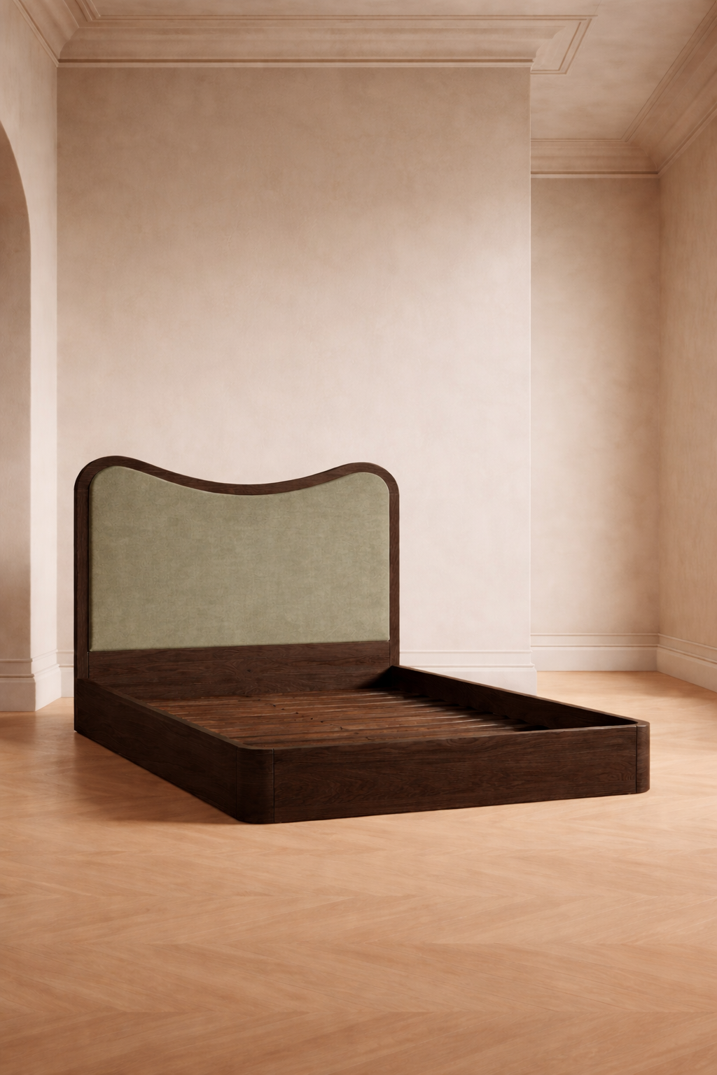 The Ondra Sculpted Bed | Solid Oak & Olive Velvet Upholstered Headboard