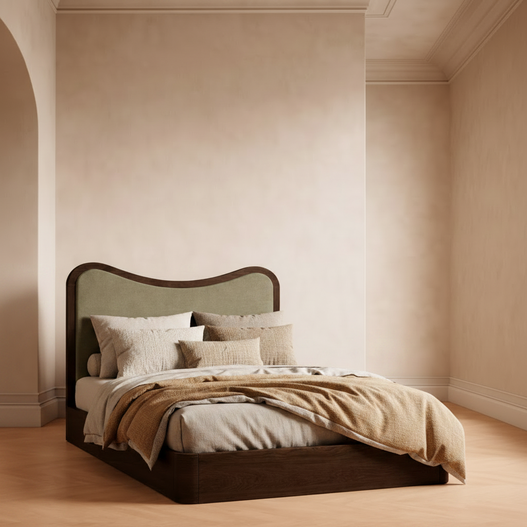 The Ondra Sculpted Bed | Solid Oak & Olive Velvet Upholstered Headboard