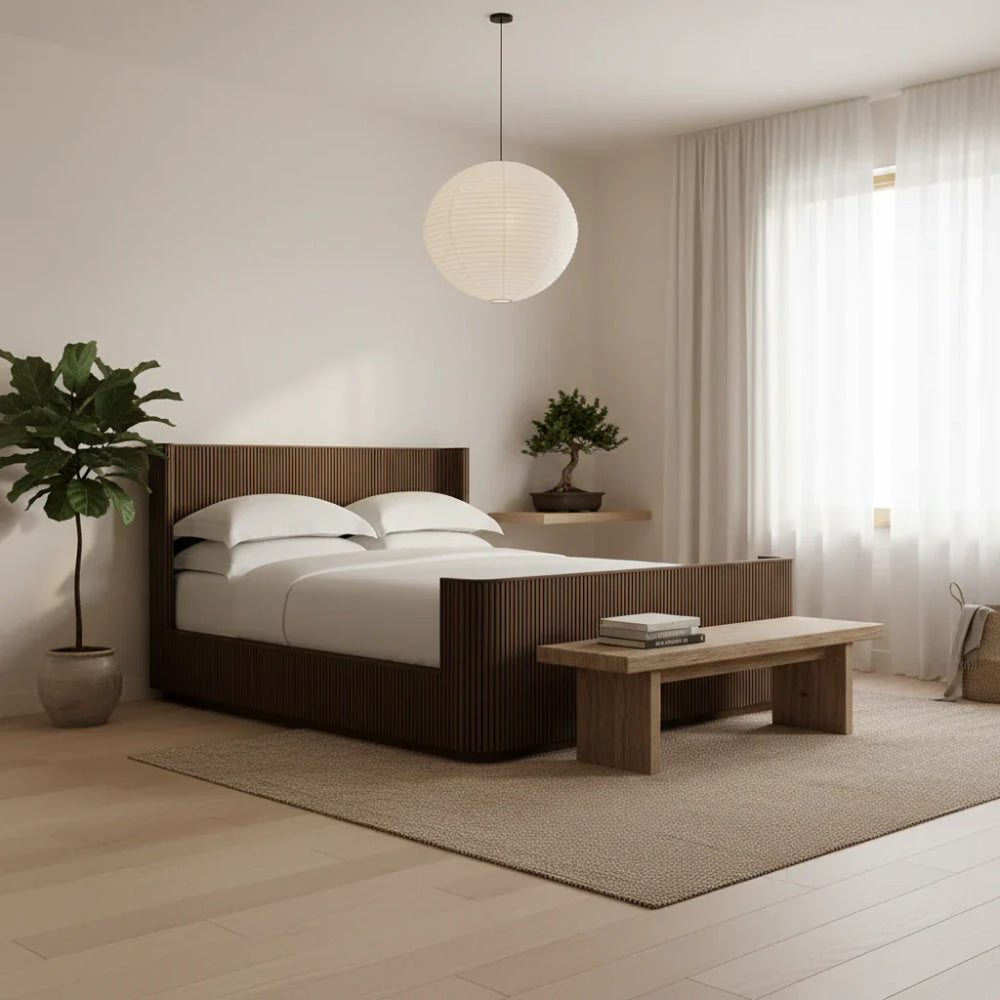 The Rilva Fluted Bed | Walnut Reeded Oak Finish