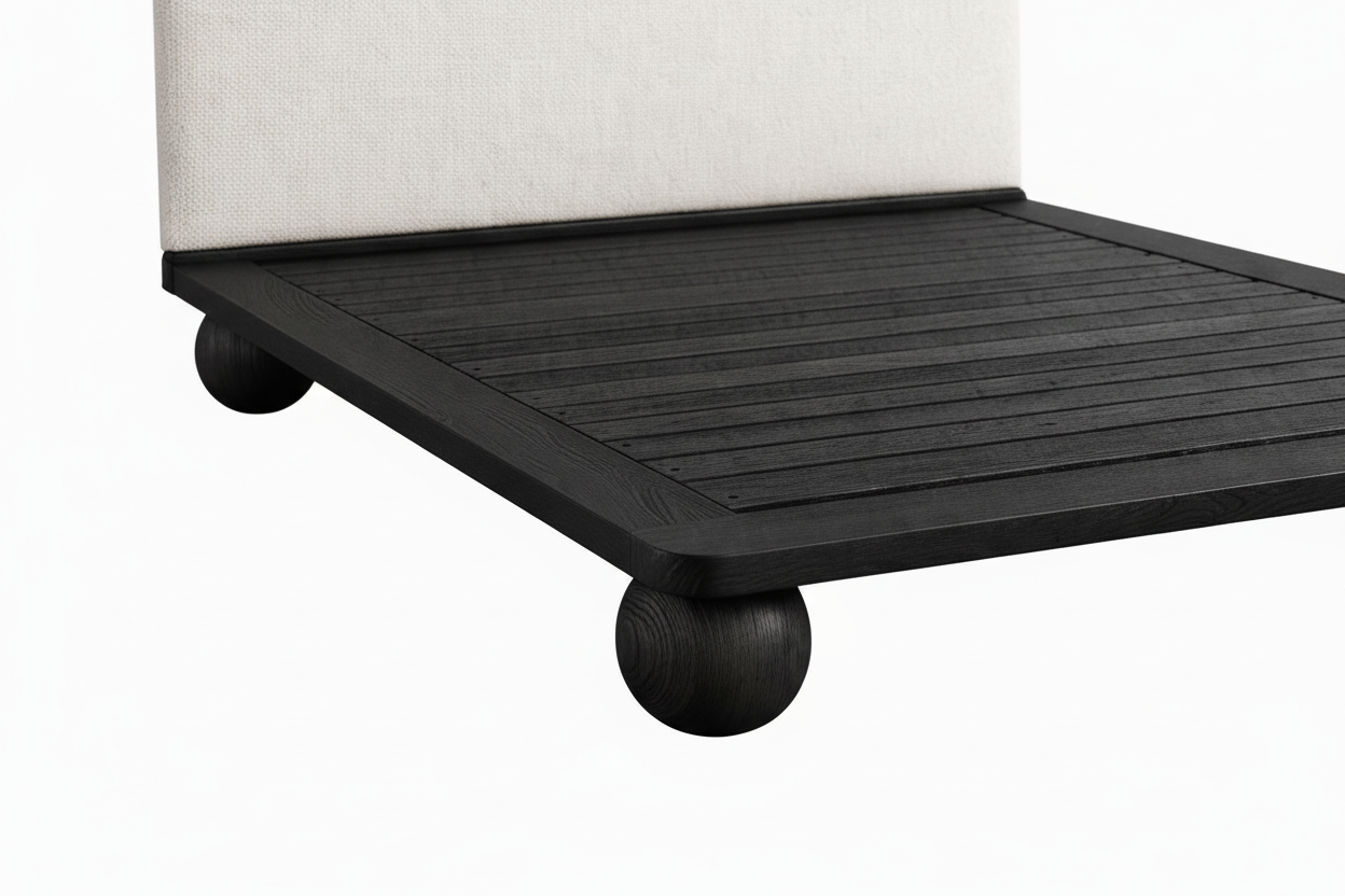 The Sólberg Platform Bed | Solid Black Oak & Bouclé Upholstered Headboard