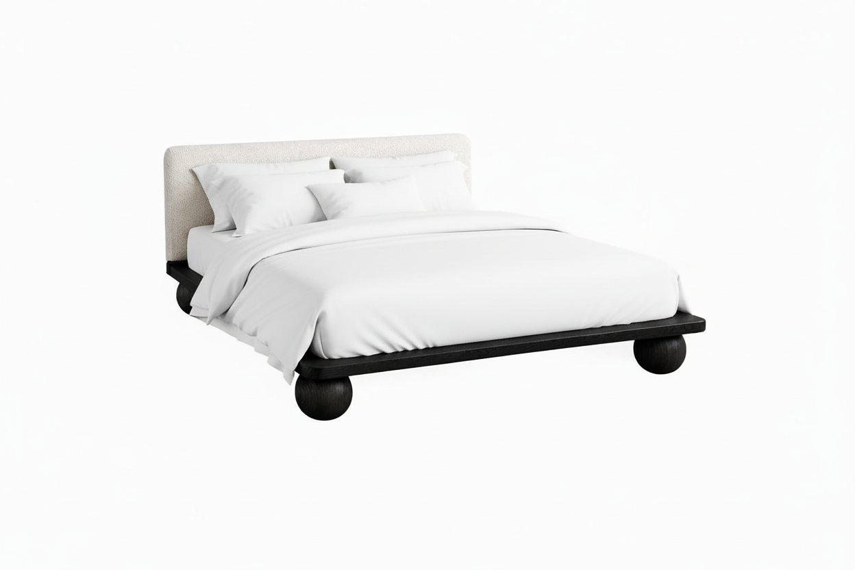 The Sólberg Platform Bed | Solid Black Oak & Bouclé Upholstered Headboard