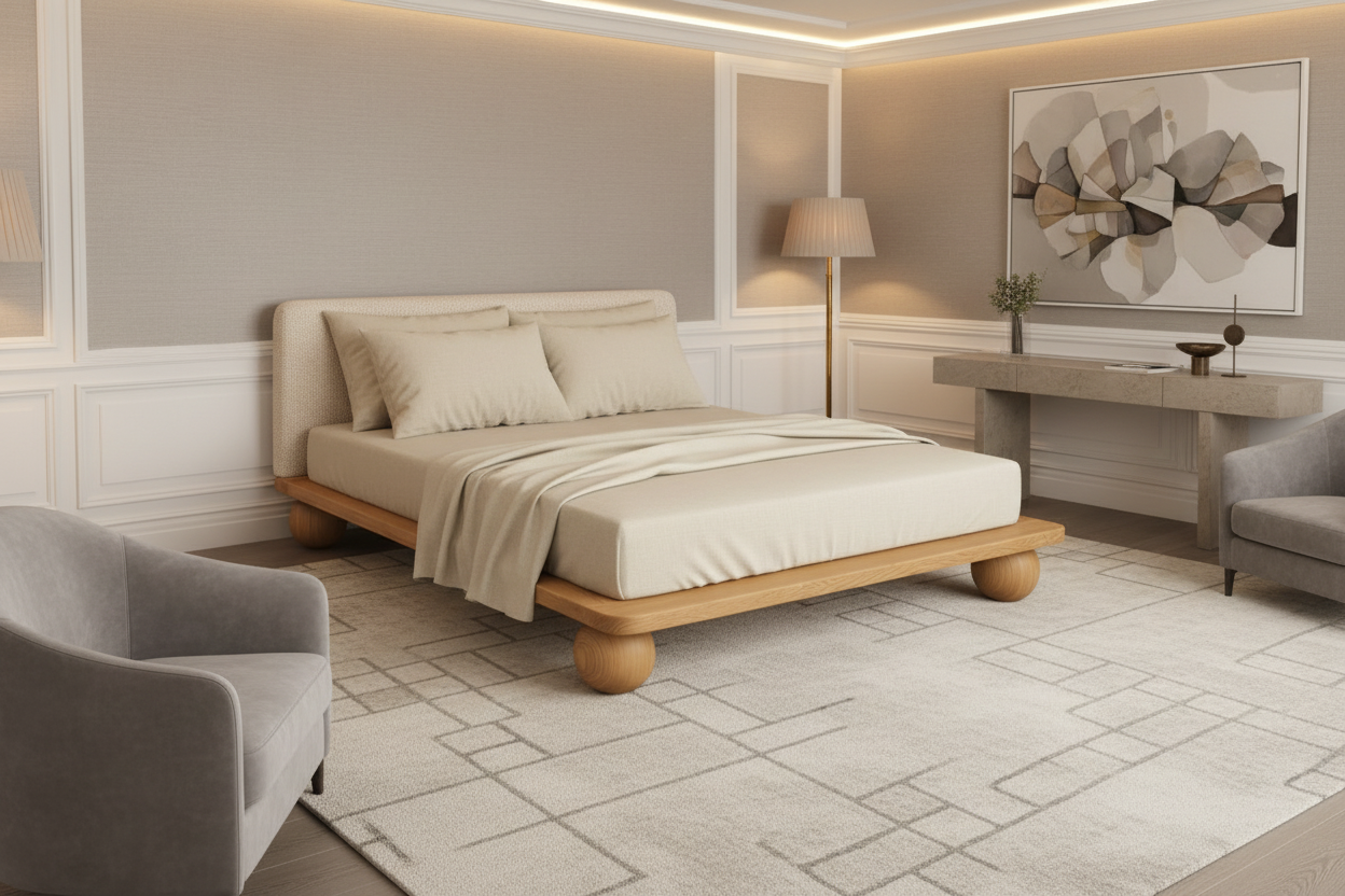 The Sólberg Platform Bed | Solid Light Oak & Bouclé Upholstered Headboard