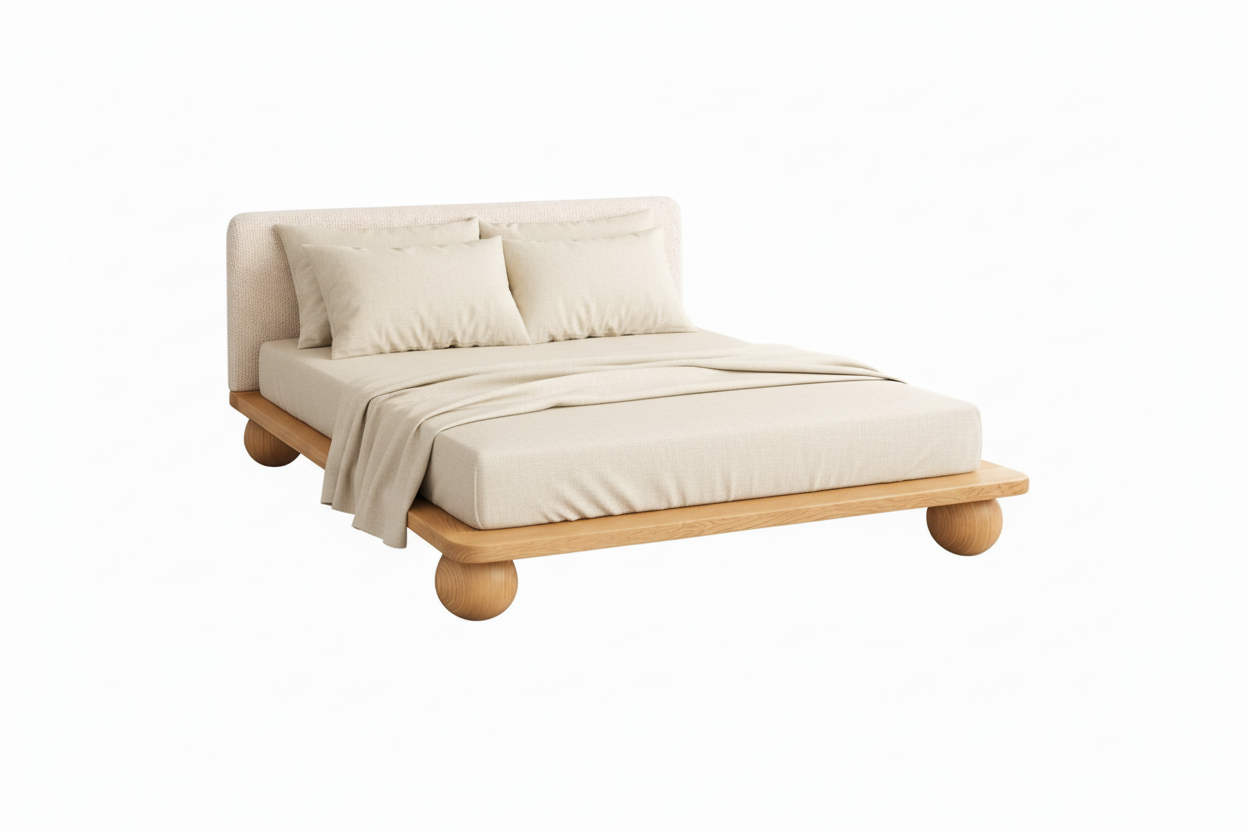 The Sólberg Platform Bed | Solid Light Oak & Bouclé Upholstered Headboard