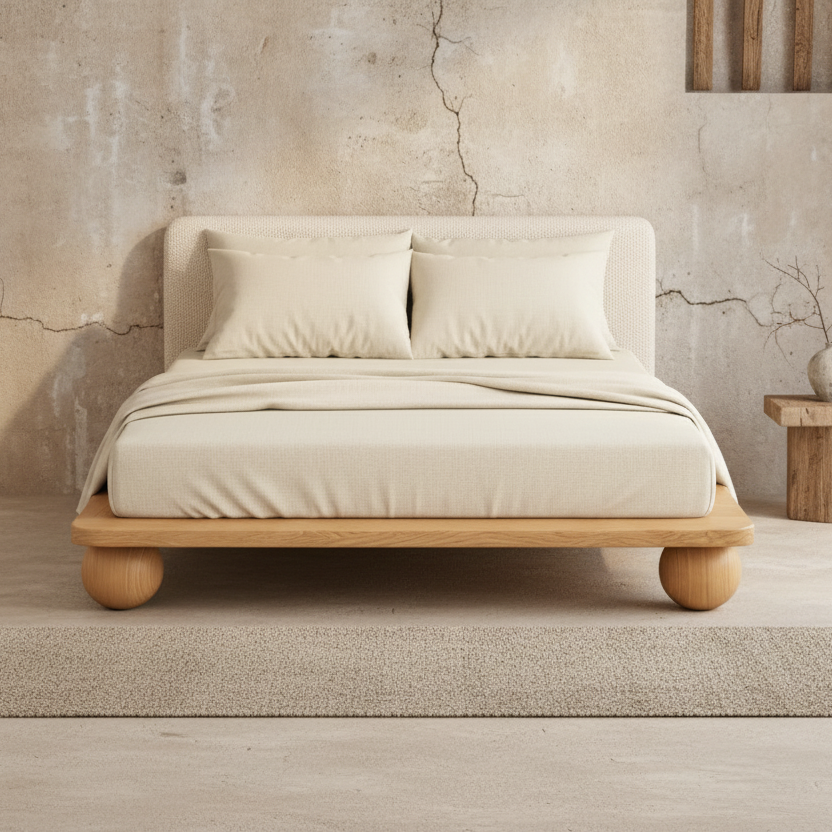 The Sólberg Platform Bed | Solid Light Oak & Bouclé Upholstered Headboard
