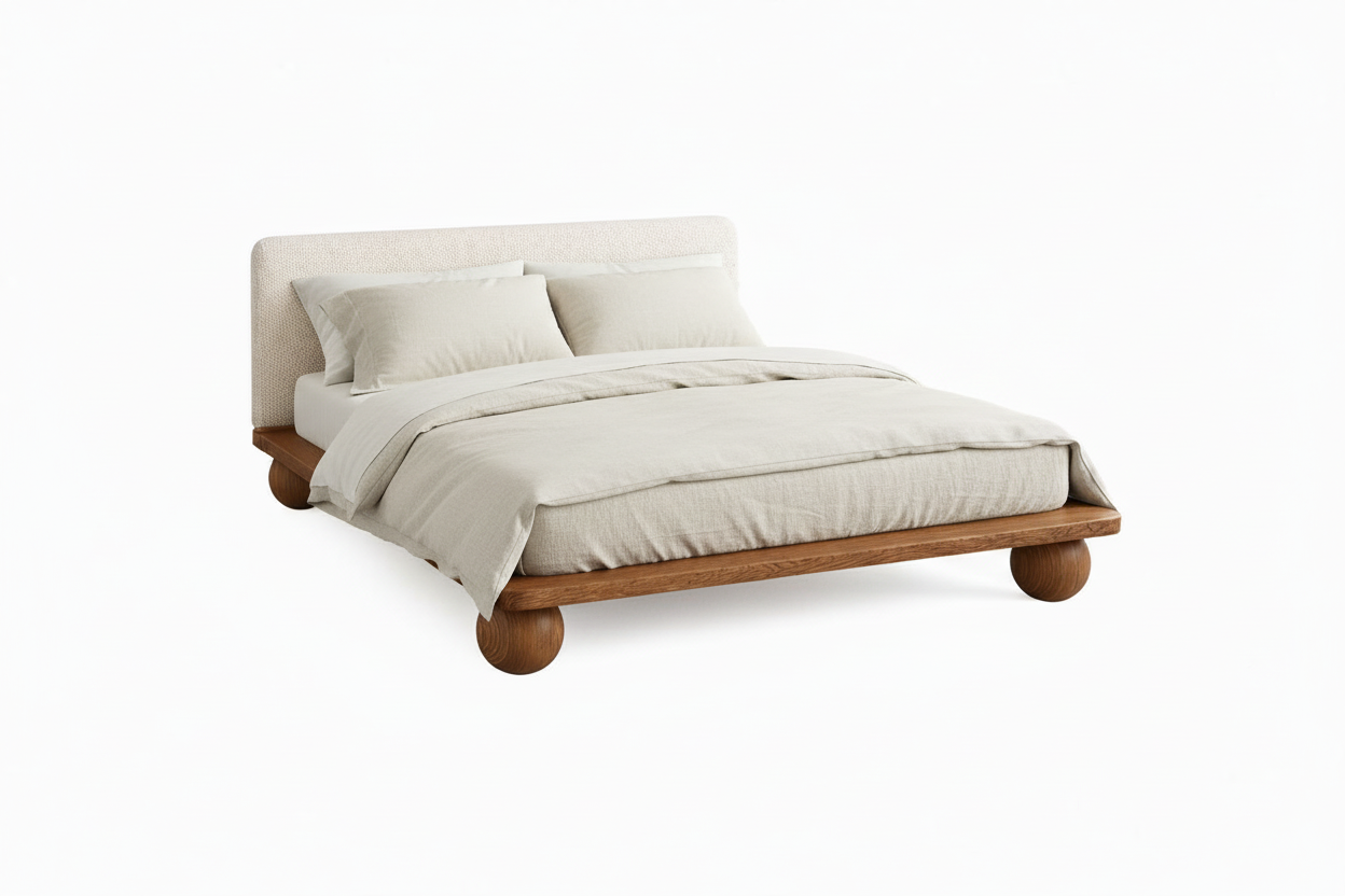 The Sólberg Platform Bed | Solid Natural Oak & Bouclé Upholstered Headboard