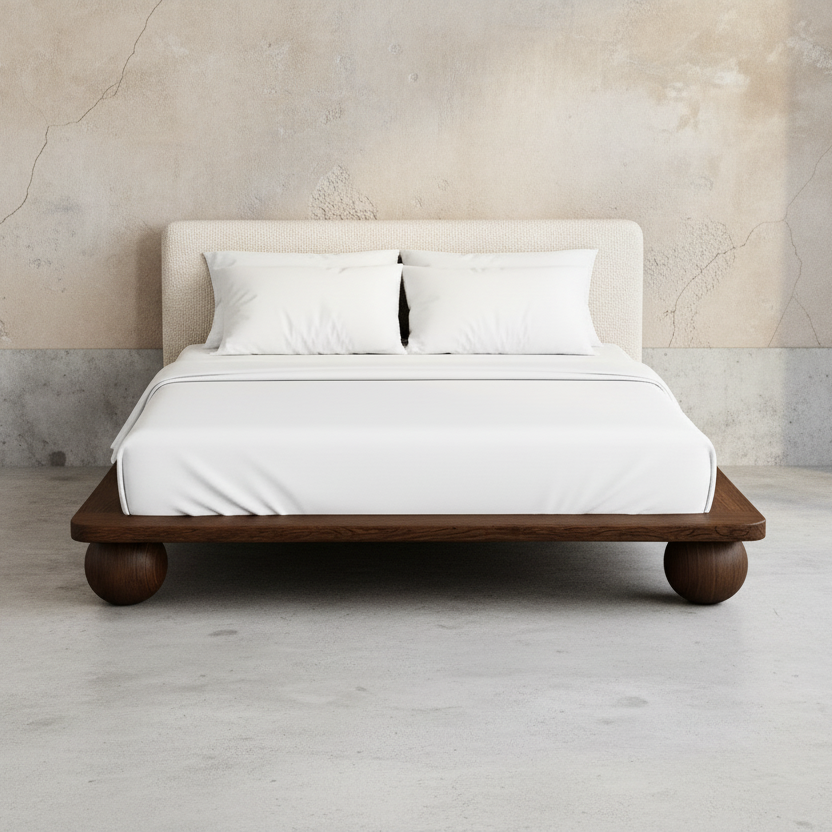 The Sólberg Platform Bed | Solid Oak & Bouclé Upholstered Headboard | Walnut Oak Finish