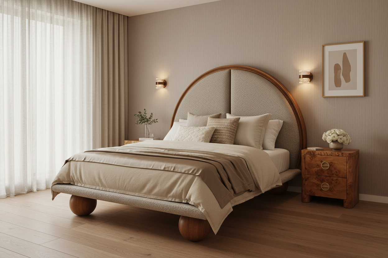 The Solstice Arched Bed | Bespoke Wool Upholstered Wood Bed | HLMHS885