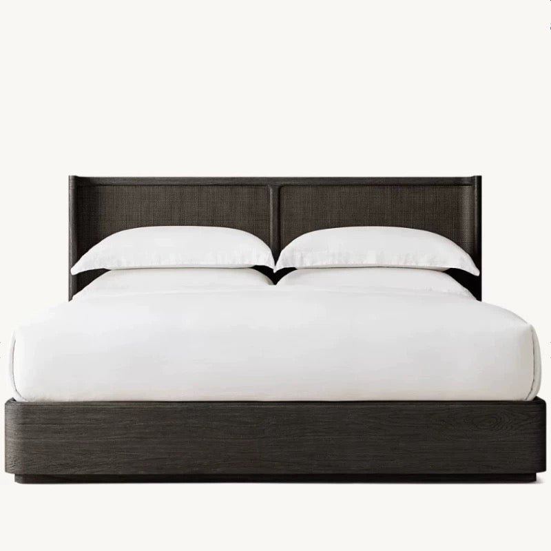 Solid Oak & Rattan Japandi Platform Bed Frame | HLMPrjp32 - Double / Black - Beds