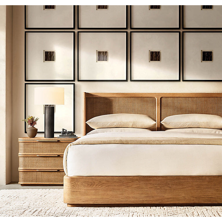 Solid Oak & Rattan Japandi Platform Bed Frame | HLMPrjp32 - Beds