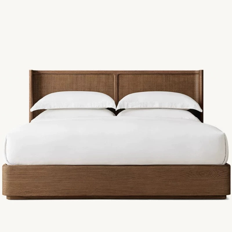 Solid Oak & Rattan Japandi Platform Bed Frame | HLMPrjp32 - Double / Light walnut - Beds