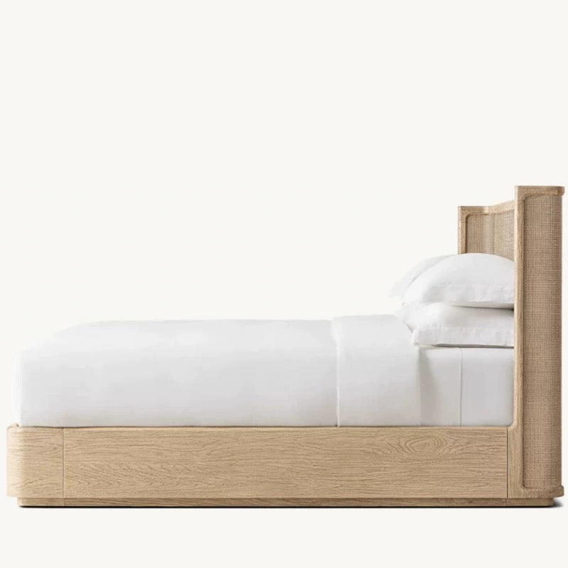 Solid Oak & Rattan Japandi Platform Bed Frame | HLMPrjp32 - Beds