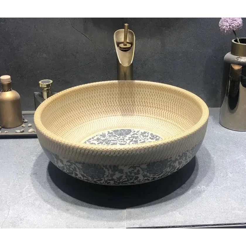 Traditional Hand-painted Blue Floral Ceramic Basin with Brass Faucet | Luxury Bathroom