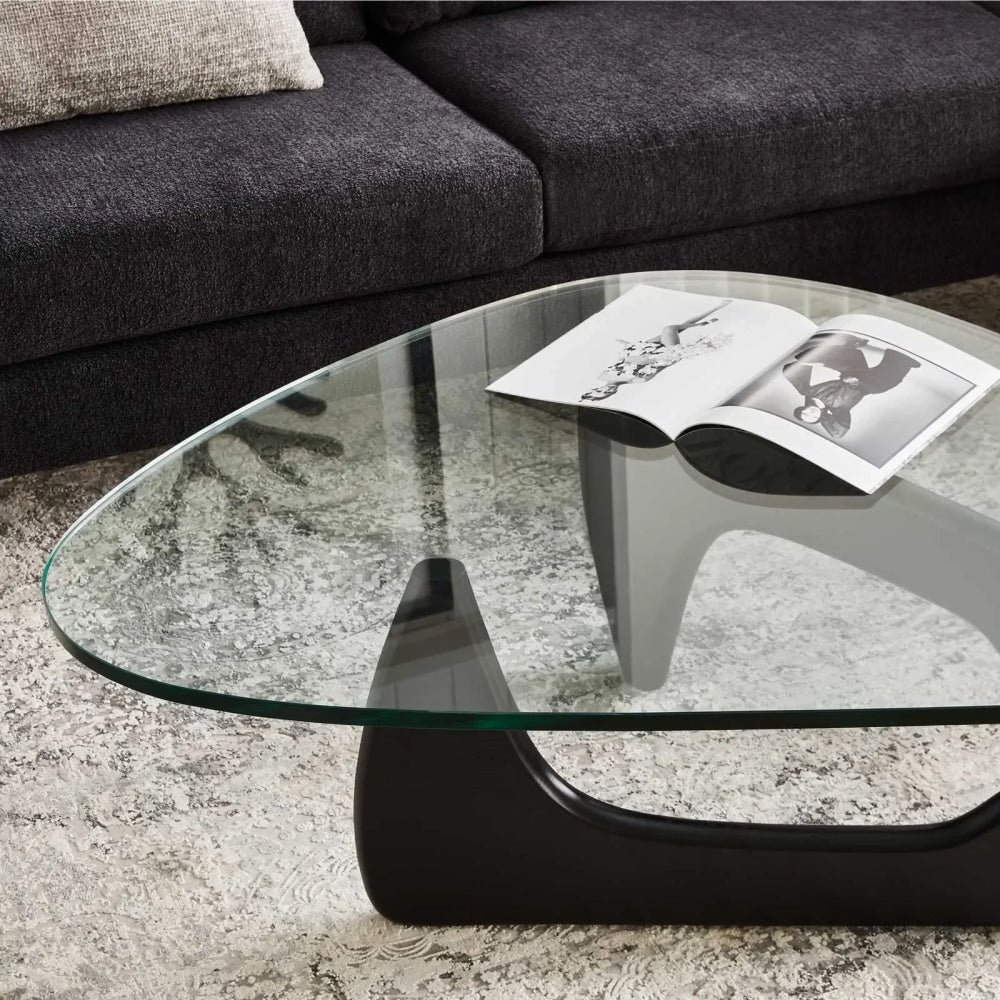 Mid-century Modern Glass Coffee Table with Solid Wood Base – Minimalist Design for Living Rooms