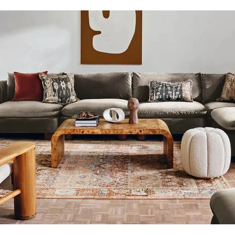 Modern Burl Wood Coffee Table | Minimalist Design Natural Grain Rectangular Centerpiece for Living Room