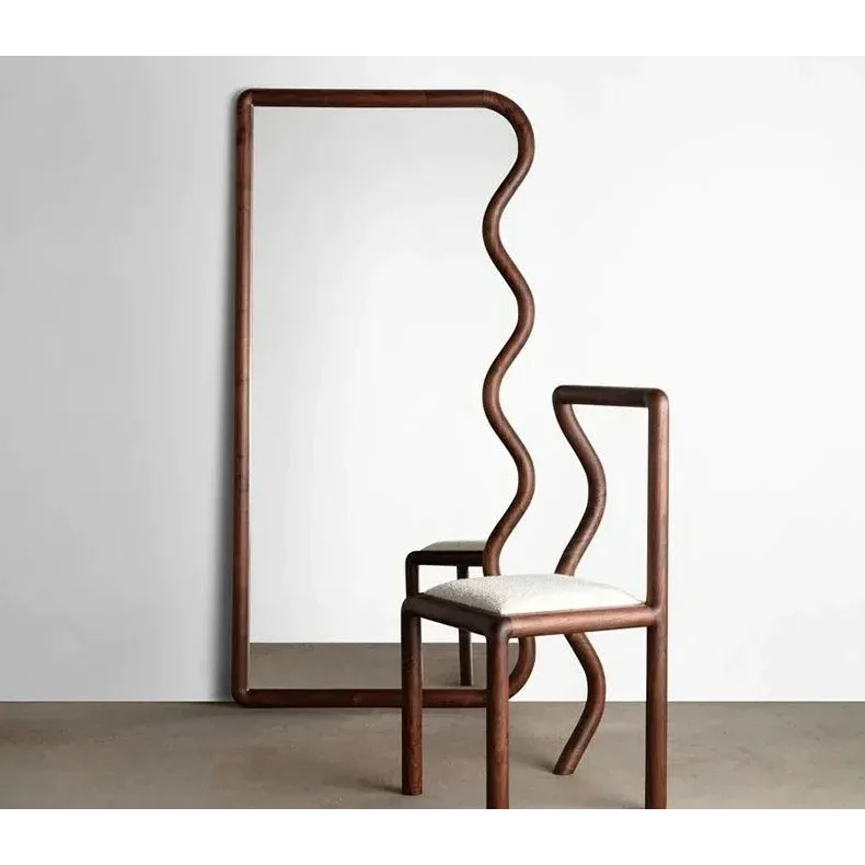 Modern Curved Wooden Mirror and Chair Set – Sculptural Walnut Natural Oak Design for Minimalist Interiors