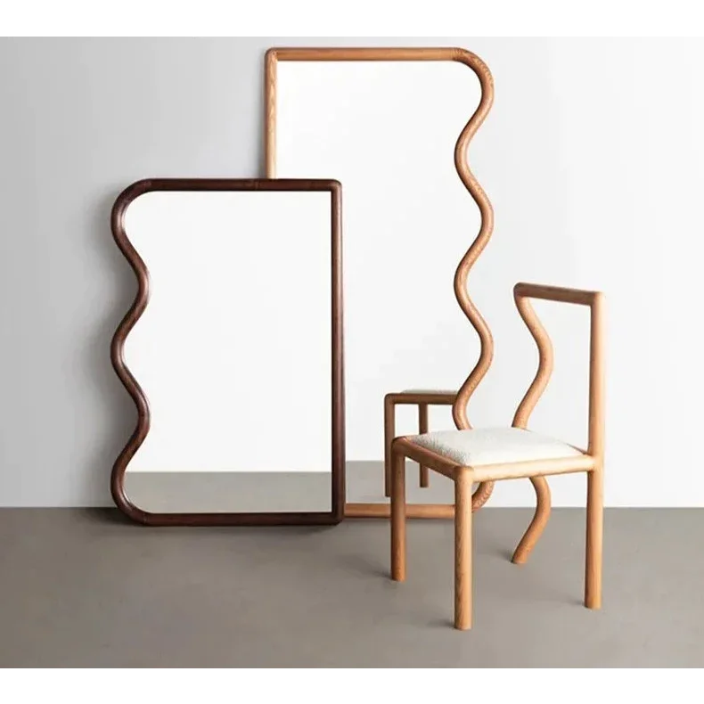 Modern Curved Wooden Mirror and Chair Set – Sculptural Walnut and ...