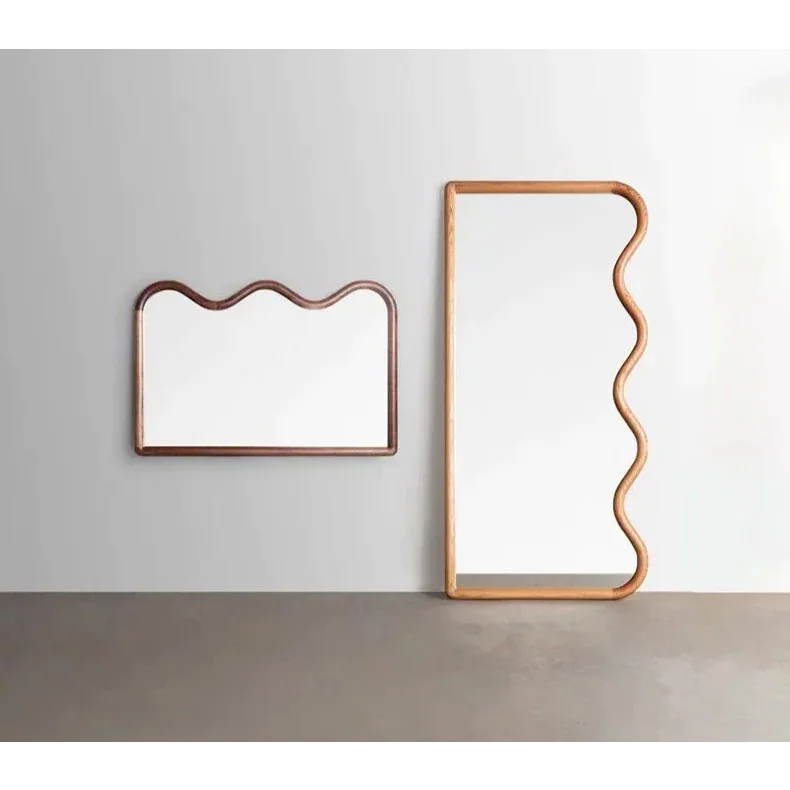 Modern Curved Wooden Mirror and Chair Set – Sculptural Walnut Natural Oak Design for Minimalist Interiors